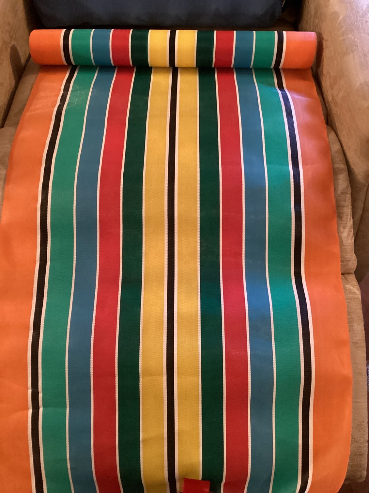 Vintage multicoloured striped beach or camping plastic nylon material