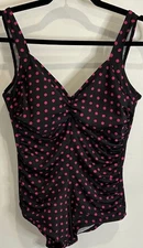 Gabar Retro Style One Piece Swimsuit Black Bright Pink Dots Ruched 12