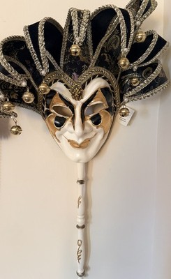 MASCHERA DEL GALEONE Black & Gold Joker Mask Hand Painted Venezia New W/Tag