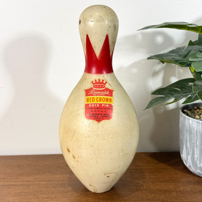 Vintage Brunswick Red Crown Duck Pin Bowling Pin Wood Original Decal USA 10''