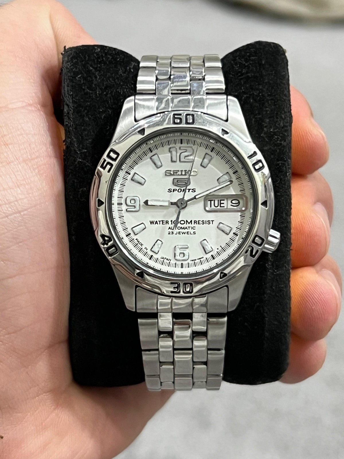 Dail steel seiko men's stainless 5 watch automatic sports 7s36-0170 white SKZ119 - vintagewatches.pk