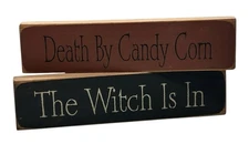 Halloween Wood Signs Handcrafted Set Of 2 Orange & Black Distressed 8.5” x 2”