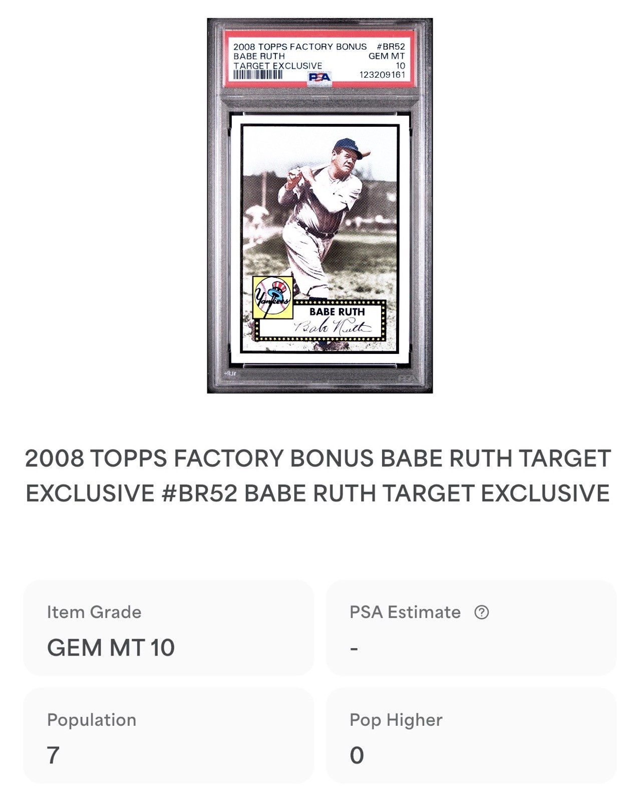 George Herman Babe Ruth PSA 10 GEM MINT! 2008 Topps Target Exclusive 1952 Style view 2