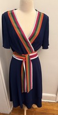TORY BURCH Peggy Wrap Stripe Dress Navy Blue Sz  8  Preowned