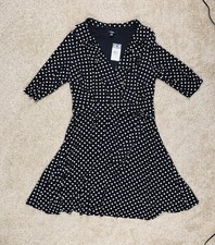 Chaps 20W Women's Black Polka Dot Faux Wrap Ruffle Neck Sleeveless Midi Dress