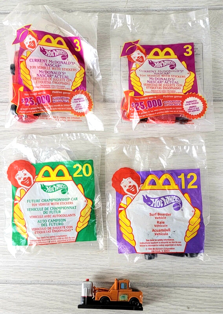 5 New Sealed Vtg Y2K '99 '06 McDonalds Happy Meal Toy Hot Wheels Race Car Mater