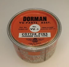 Vintage Dorman VU-Parts Dial-A-Size Cotter Pin Container Can & Contents USA
