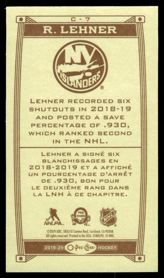 2019-20 O-Pee-Chee Caramel Minis Border Robin Lehner New York Islanders #C-7 - Image 2 of 2
