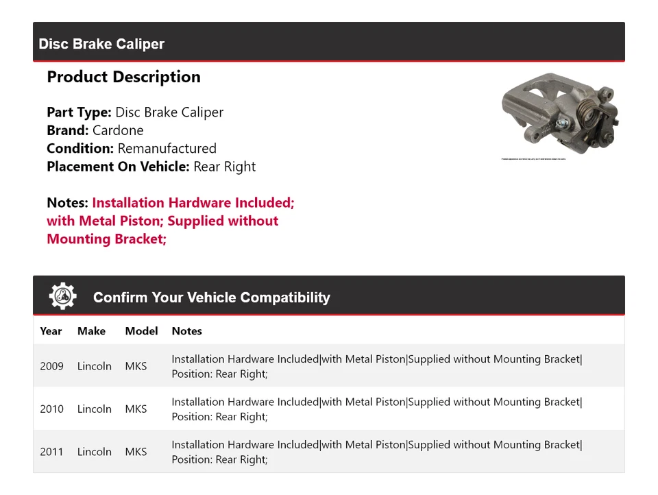 Pinça de freio a disco traseira direita Cardone 2010 Lincoln MKS para 2009-2011 - Imagem 2 de 4