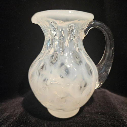 FENTON White Opalescent Coin Dot Pitcher Creamer Hand Blown Pinched Neck 4.5"