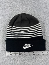 Nike Beanie Toque Youth Gray Black White Stripe Knit 100 Acrylic Swoosh Ski