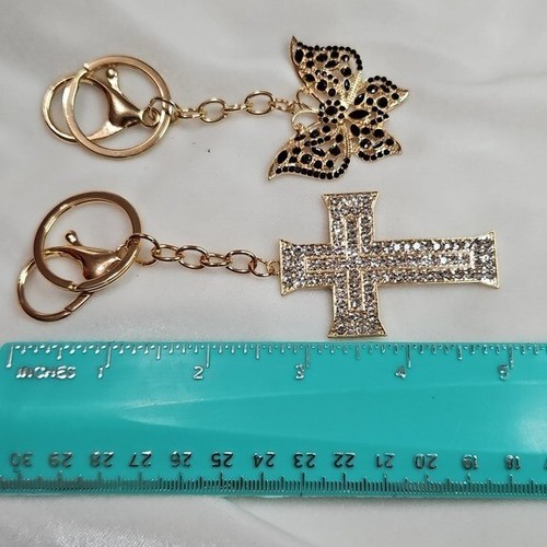 2er Set Schlüsselanhänger Taschenanhänger goldfarben Kreuz schwarz Strass Schmetterling Kristall - Bild 4 von 6