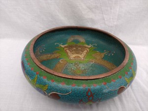Large Antique VGC Chinese Cloisonne Enamel Dragon Bowl Brush Washer 10" 25cm