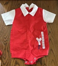 Vintage Nannette Baby Boy One Piece Outfit Shortalls Sz Small Red Mouse Ruler