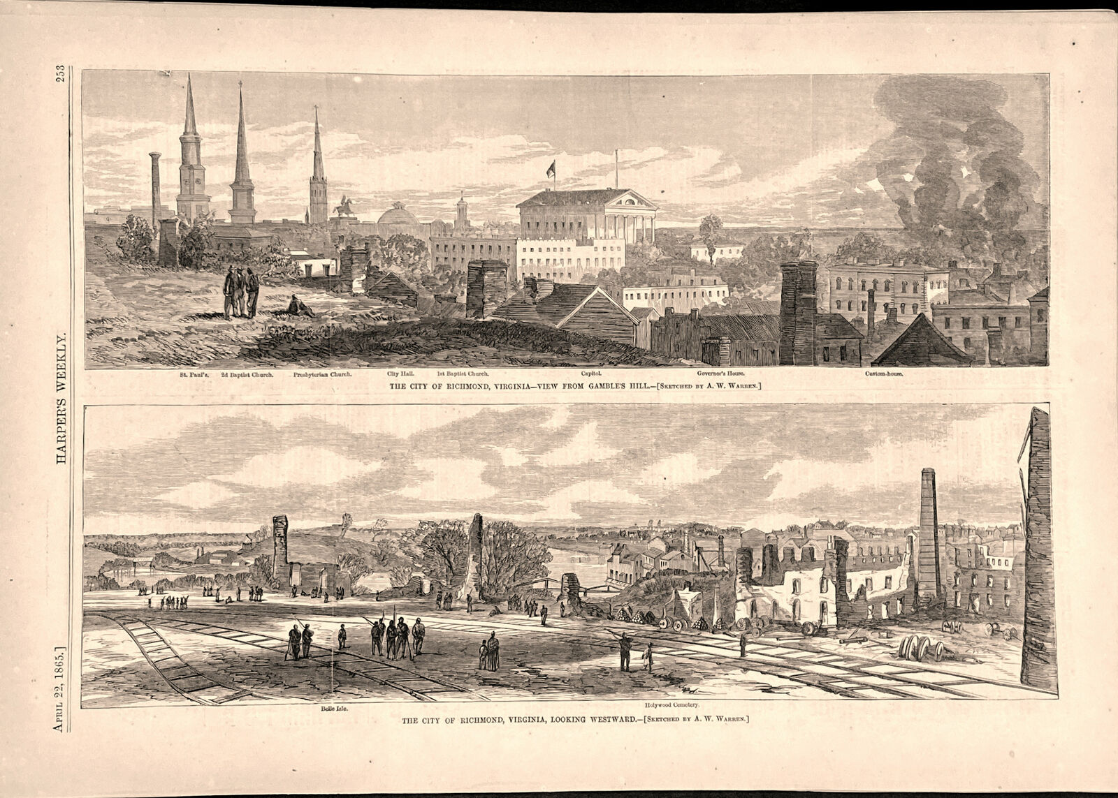 Richmond, Virginia prospect city views 1865 historical wood engraved print