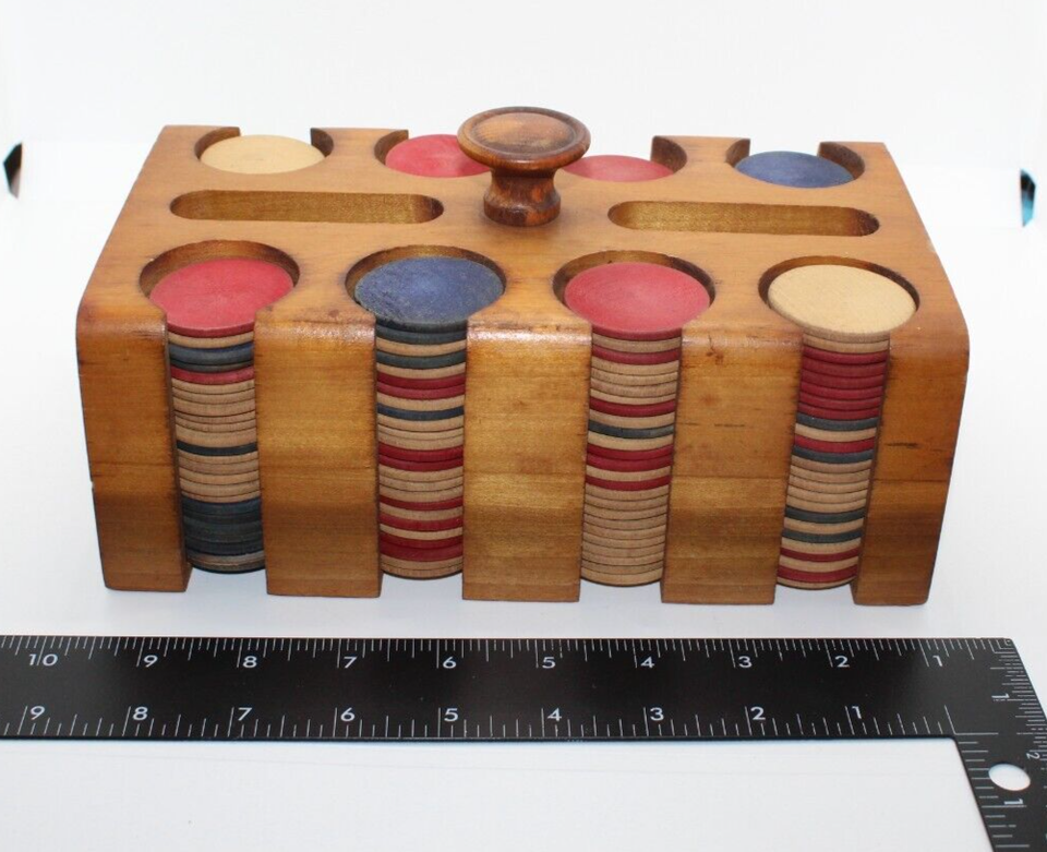 Vintage Wood Poker Chip Caddy Two Card Deck Holders Chips eBay