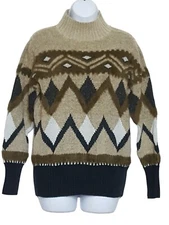 90s Vintage Womans S Turtleneck Pullover Sweater Argyle Fuzzy Green Navy