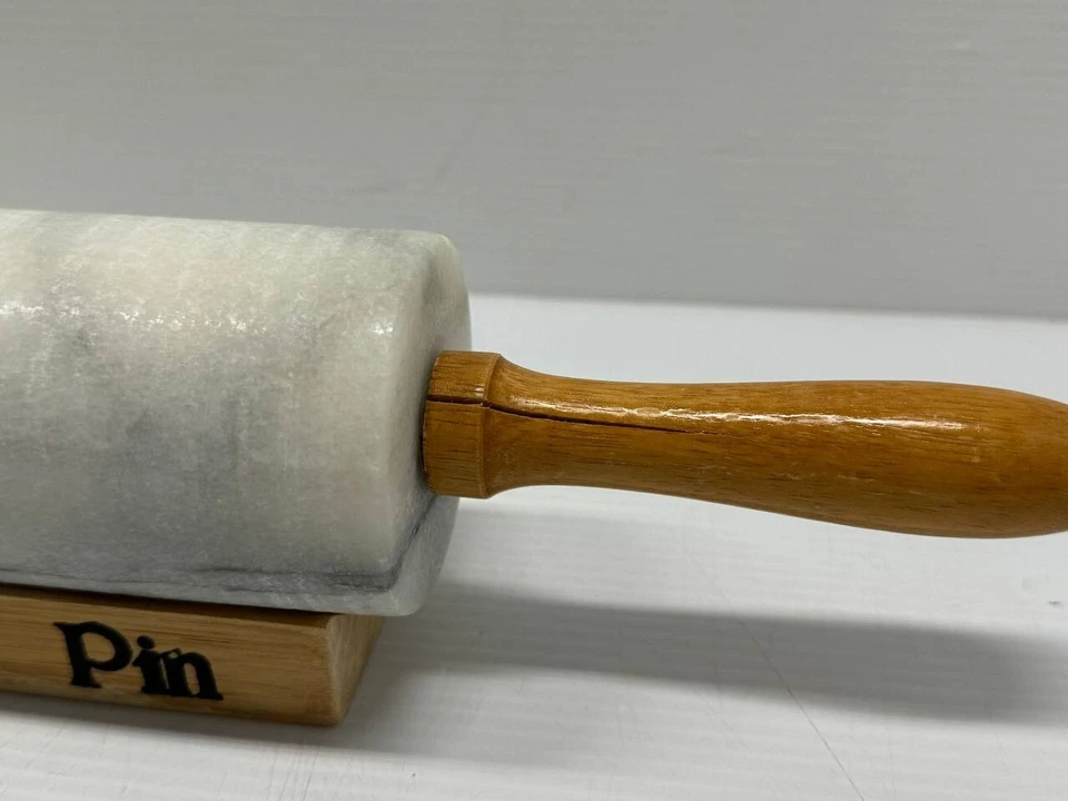 Rodillo gourmet vintage de piedra de mármol con soporte de madera, caja Foto 4 de 4
