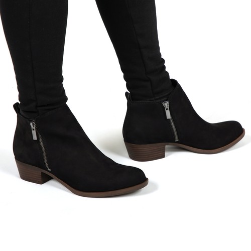 Macro Shosho Booties for Women Round Toe Low Block Heel Slip on Ankle Boots Black