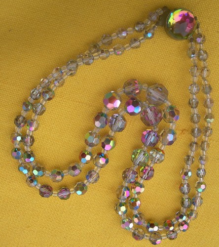 Collier Ancien 2 Rangs Perles Verre Vert Bohême - Vintage Necklace Rétro