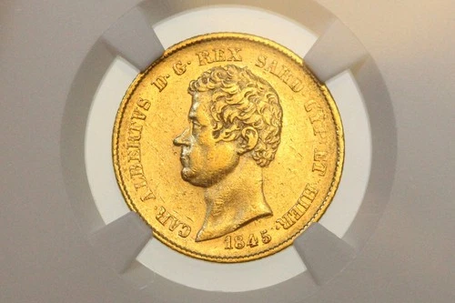1845 EAGLE P CARLO ALBERTO SARDINIA ITALY 20 LIRE GOLD COIN NGC AU55