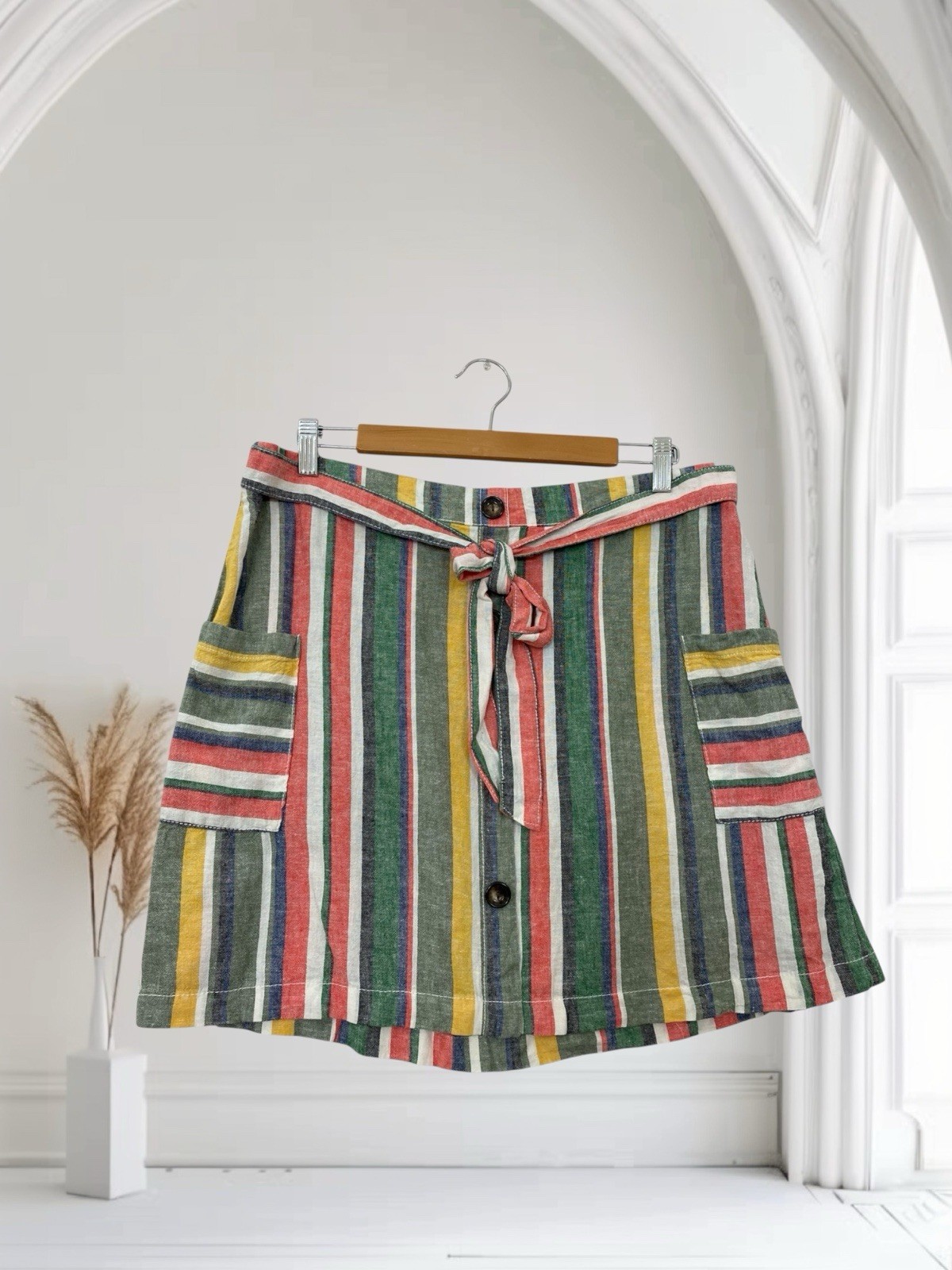 Minifalda Cato para mujer mezcla de lino a rayas múltiples acento de botones verano elegante