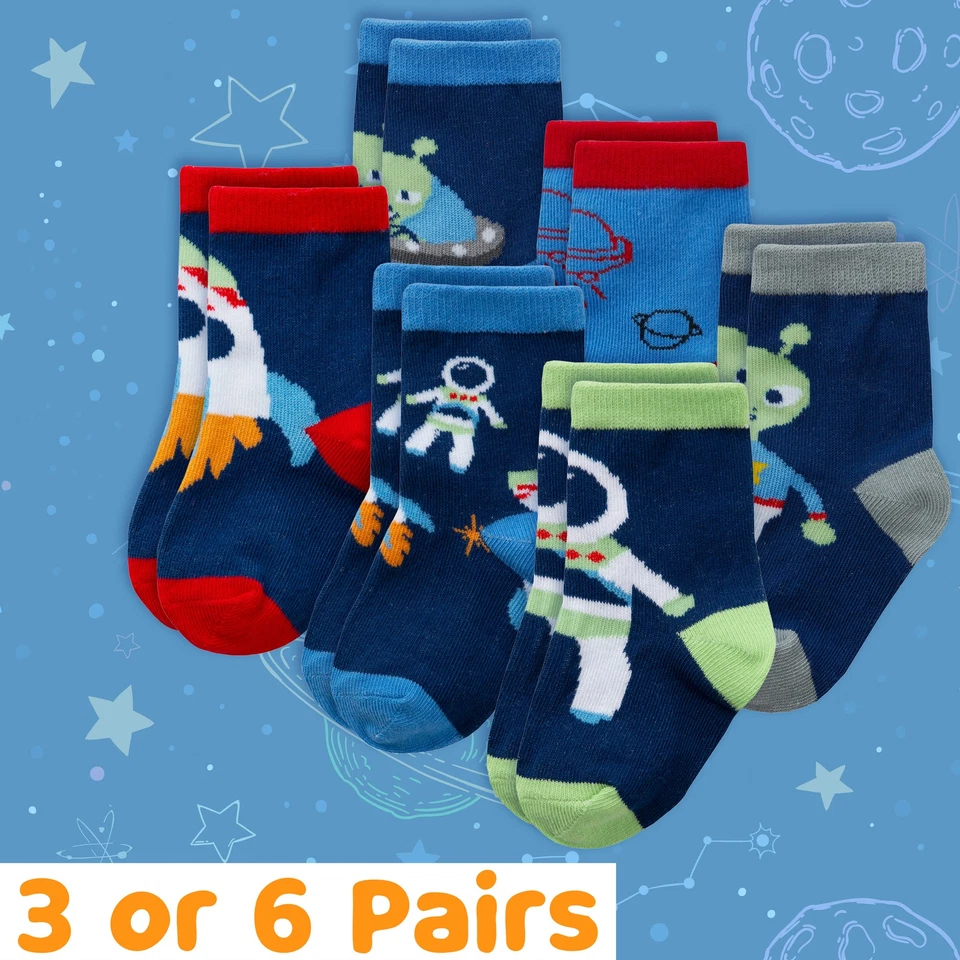 METZUYAN Baby Boys 3 6 Pairs Cotton Socks Space UFO Novelty Toddler Socks 0-0 0-2.5 3-5.5