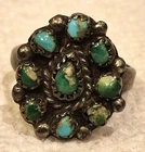 VINTAGE ZUNI TURQUOISE CLUSTER SILVER RING SIZE 7 vafo
