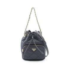 PRADA Duet Re-Nylon Bucket Bag Chain Handbag Nylon Saffiano Leather Navy #RC2107
