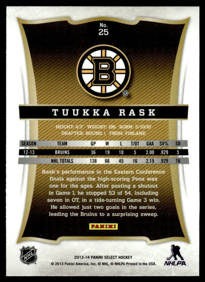 2013-14 Panini Select Tuukka Rask Boston Bruins #25 - Image 2 of 2