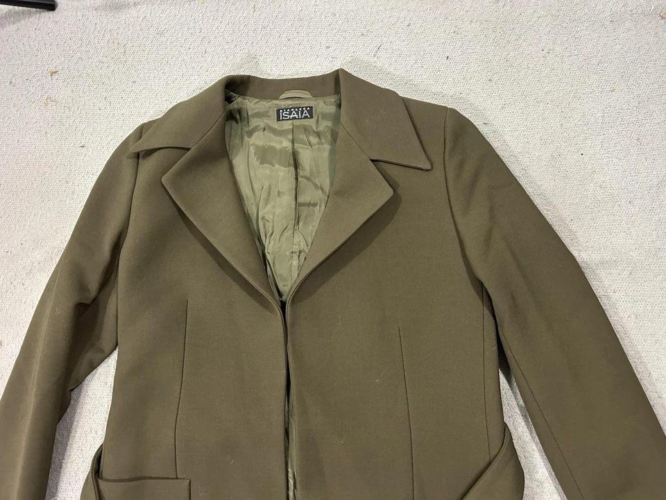 Isaia Napoli Coat Mens 32R Olive Belted Wool Cashmere Made in Italy Long Luxury - Image 2 of 4
