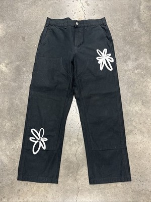 Obey Black Cotton Pants Double Knee Flower Graphics Relaxed Fit Size 31