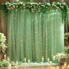 10x8ft Green Backdrop Curtain Lights String Sheer Tulle Wedding Photo Party