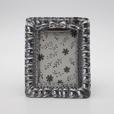 Vintage Handcrafted Mexican Pewter Bow Frame Ornate Ruffled Edge Wooden Back