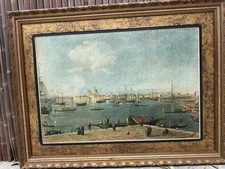 The image shows a painting of Venice, specifically a scene depicting the Bacino