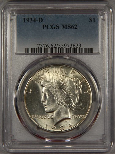 1934-D Silver Peace Dollar PCGS MS62 $1