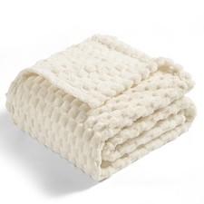 Warm Fleece Throw Blanket, 50x40 Inches, 3D Jacquard Cozy Decor, White