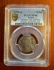 FRANCE KING LOUIS XVI  1791-A   15  SOL SILVER COIN, PCGS CERTIFIED XF40