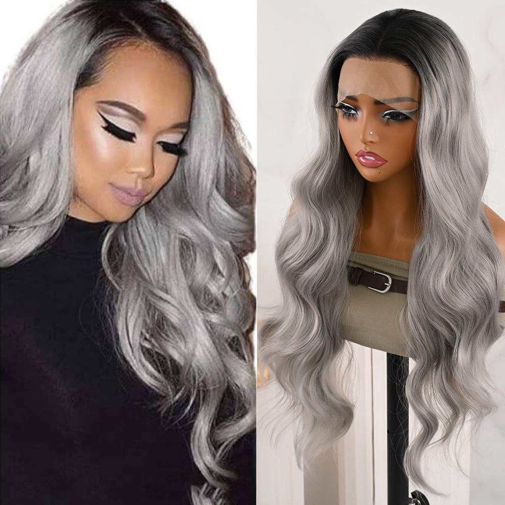 Ombre Grey Hair Long Wavy Lace Front Wigs Glueless Pre Pluck