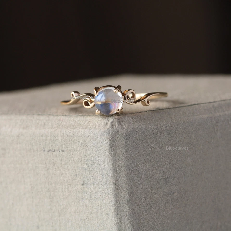 Solitaire Moonstone Thin Band Ring, Sides Leaf Design In 18K Yellow Gold Jewelry - Image 2 of 4