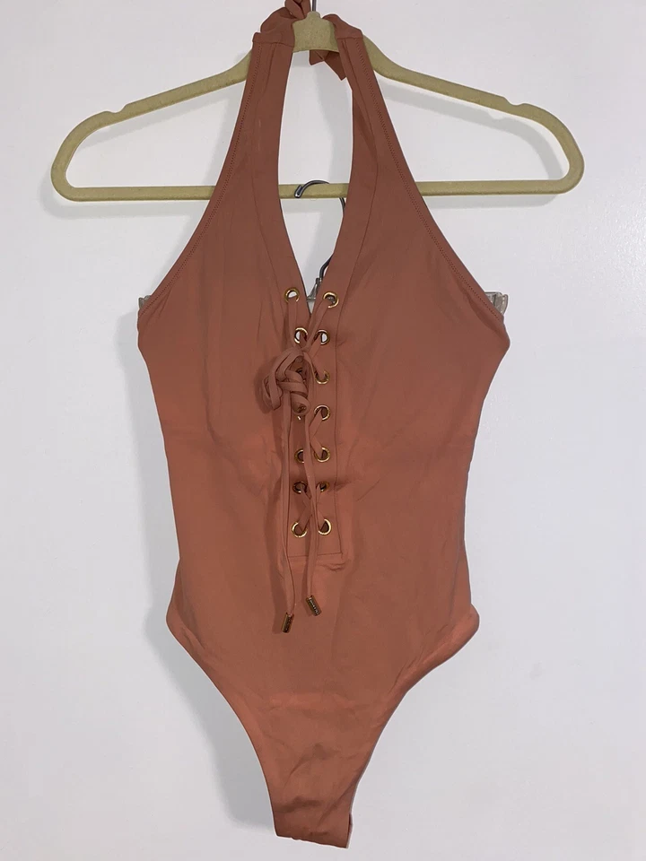 Traje de baño MELISSA ODABASH Puerto Rico con cordones cuello halter en rosa antigua EE. UU. 2 Foto 3 de 4