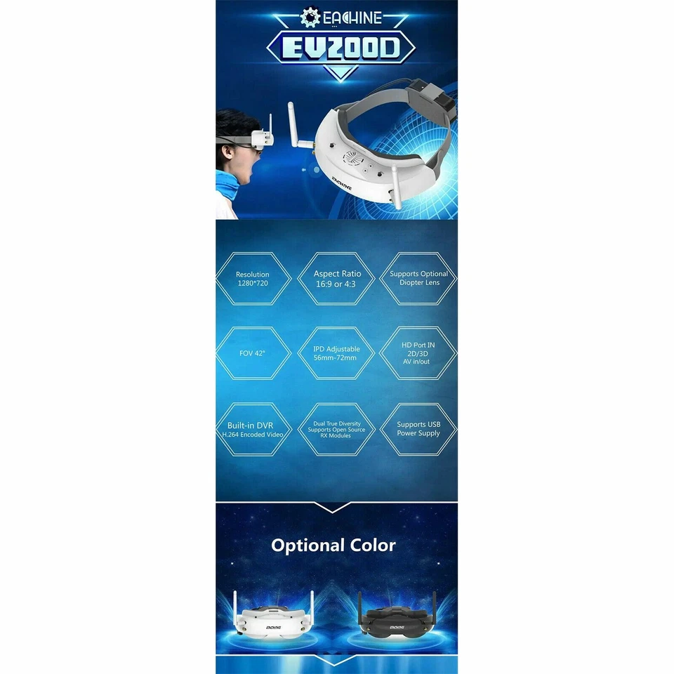 Eachine EV200D 1280*720 5.8G 72CH True Diversity RC Camera Drone VR FPV Goggles - Image 2 of 4