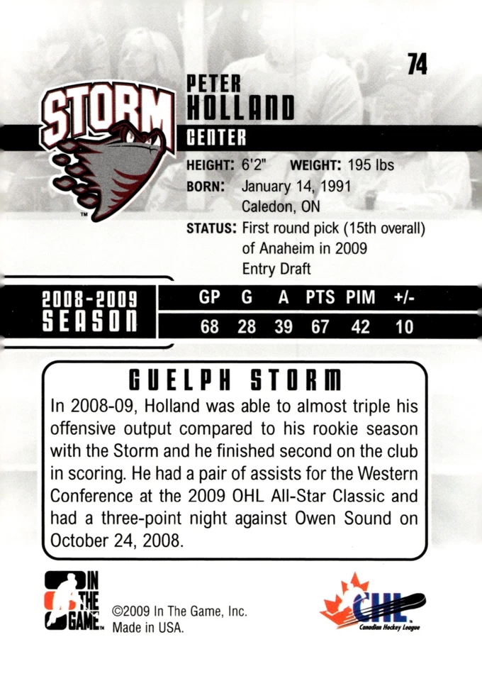 Peter Holland - Signed 2009-10 In The Game Heroes And Prospects Card #74 - Image 2 of 2