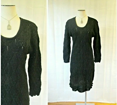 Vintage 1960s 1970s Black Dress Knit Crochet Sexy Fringe 34 36 Medium LBD Party - Photo 1/4