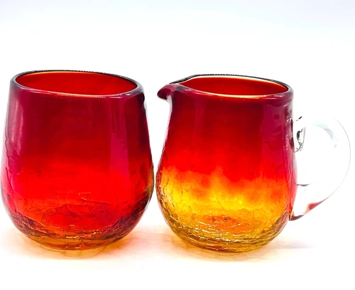 Blenko Pitcher Creamer Amberina Crackle Glass Mini Votive Holder Hand Blown