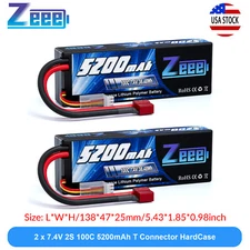 2x Zeee 7.4V 100C 5200mAh 2S LiPo Battery T Plug Hardcase for RC Car Truck Boat