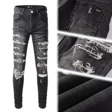 Men's Skinny Stretch Jeans Mid-Rise Gray Laser Rips Eco Wash Comfort Fit
