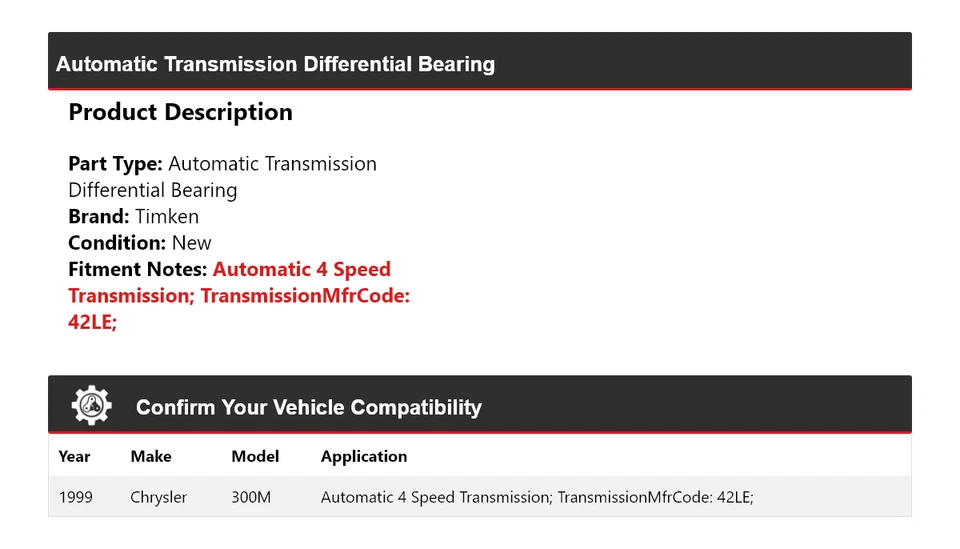 Cojinete diferencial de transmisión automática Timken para Chrysler 300M 1999 Foto 2 de 4