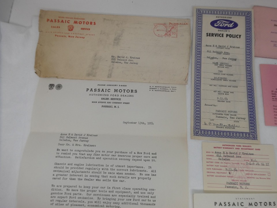 VINTAGE 1954 PASSAIC MOTORS NEW JERSEY DEALERSHIP SALES FORD CAR