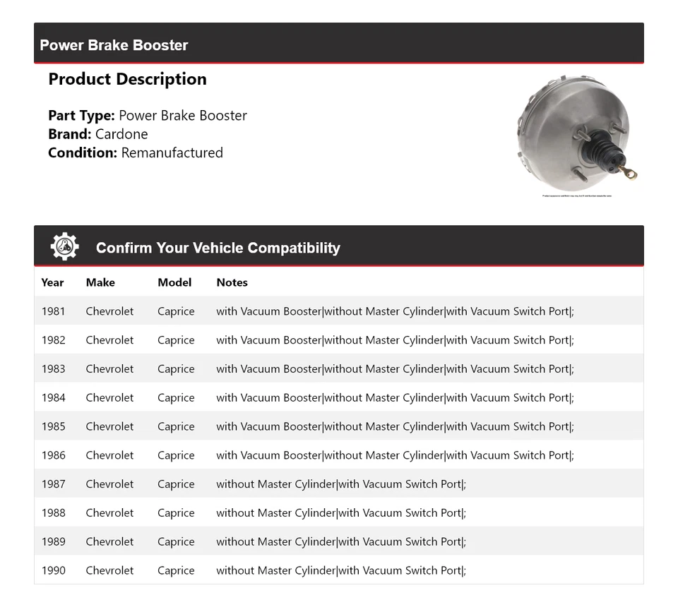 Усилитель тормозов Chevrolet Caprice 1981-1990 годов выпуска Cardone 1982 1983 1984 1985 - Изображение 2 из 4